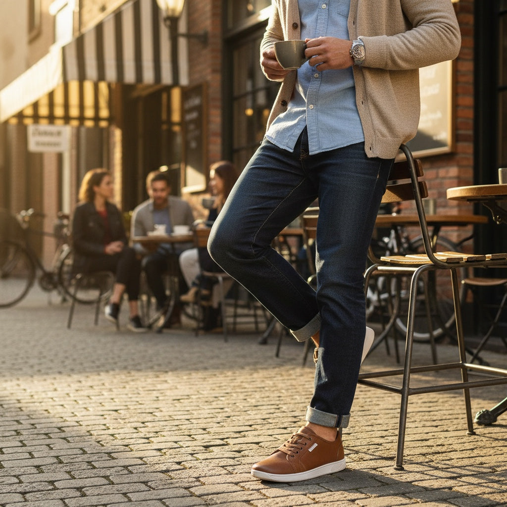 Man wearing brown barefoot shoes styled for a smart-casual, work-appropriate look