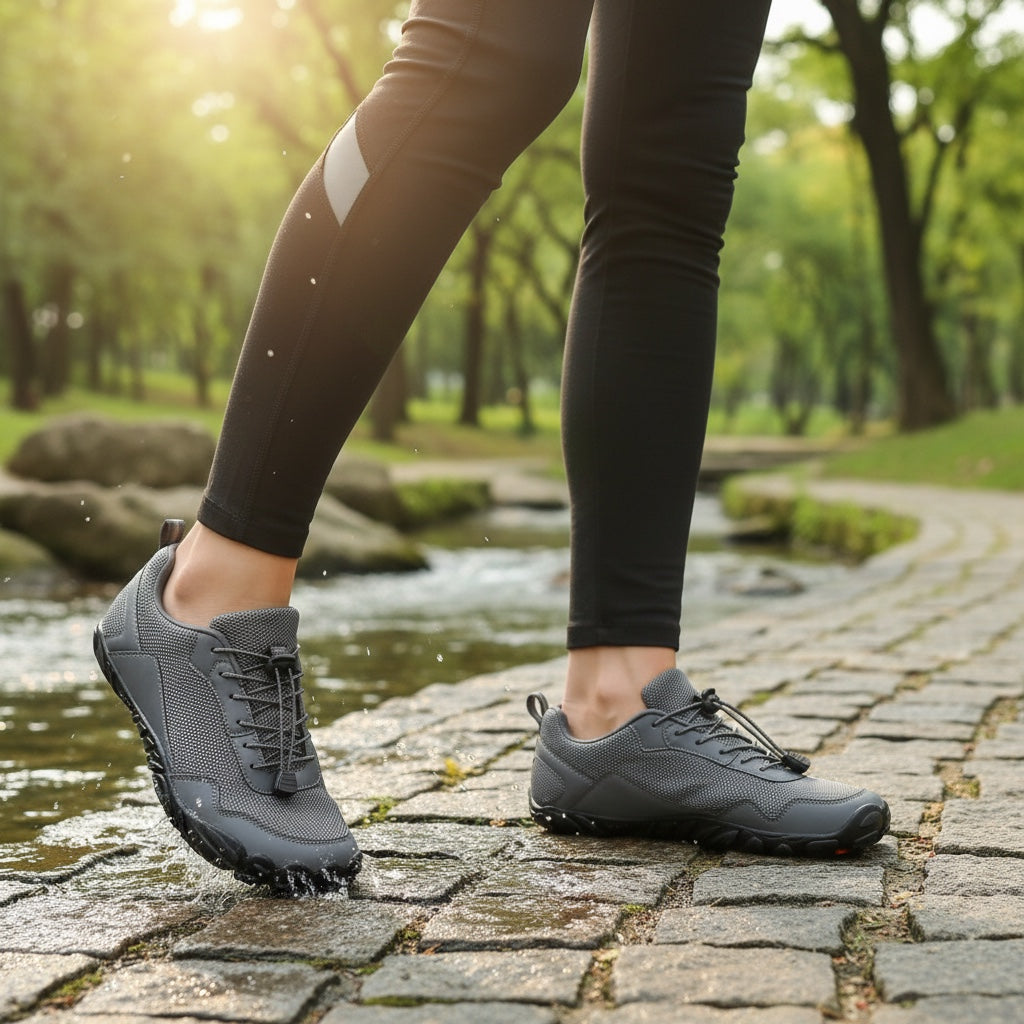 Grey barefoot mens Velocity shoes, with wide toe and natural movement.