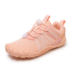 Orange childen barefoot shoes with orange laces and sole, wide toe for natural movement and foot pain.