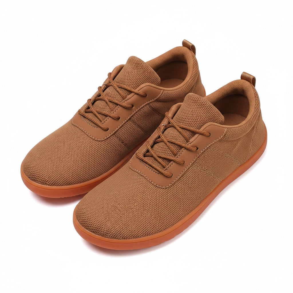Brown Barefoot knit shoes with orange sole with brown laces. These Urban barefoot shoes are very light and with the wide toe are amazing for comfort.