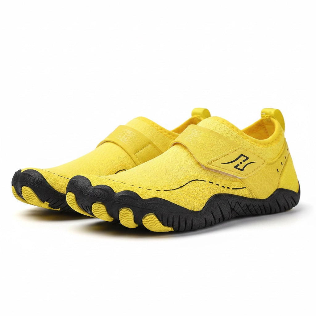Yellow children's barefoot shoes, wide toe and waterprof. All day comfort.