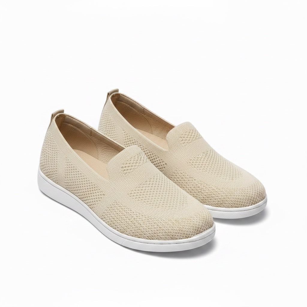 Beige ladies slip on loafers for comfort made with knit textile for extra quality