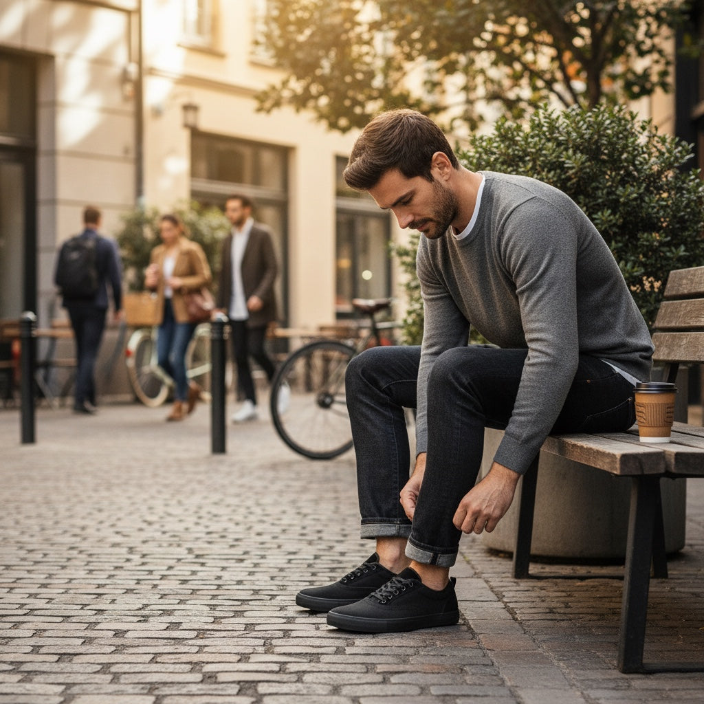 Black Barefoot shoes worn by model showing style and comfort
