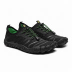 Black Unisex Barefoot shoe with green laces and green insole. Wide toe for natural movement and pain relief.