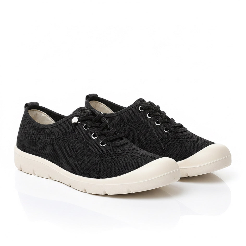 Black womens knit loafers barefoot shoes with a white sole. wide toe for comfort.