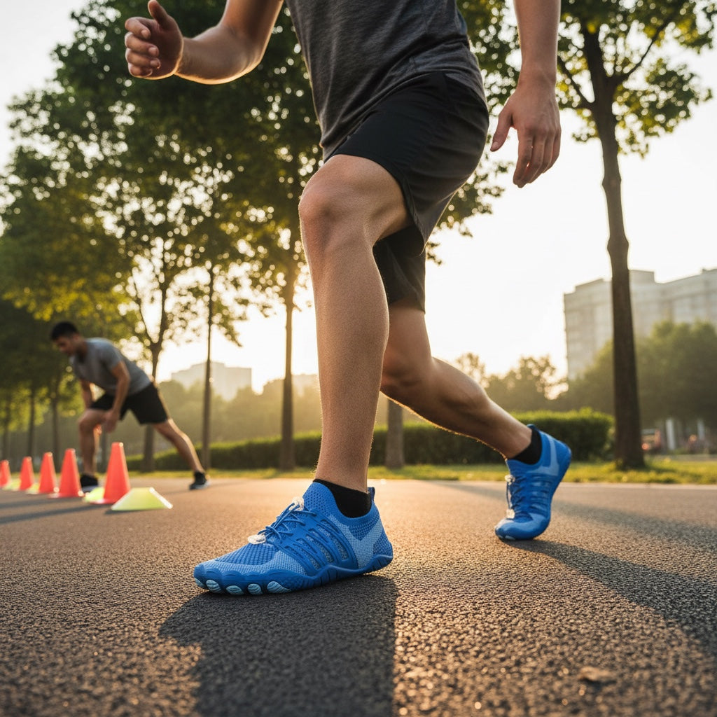 Person wearing blue barefoot shoes while exercising outdoors on a sunny day