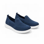 Navy blue ladies loafers with white sole and knit textile for maximum comfort and style