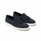 Navy blue mens loafers with tassel, white sole. Made with suede to leave a quality and elegant finish.