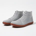 Grey barefoot high quality male shoes with brown sole and wide toe for everyday comfort.
