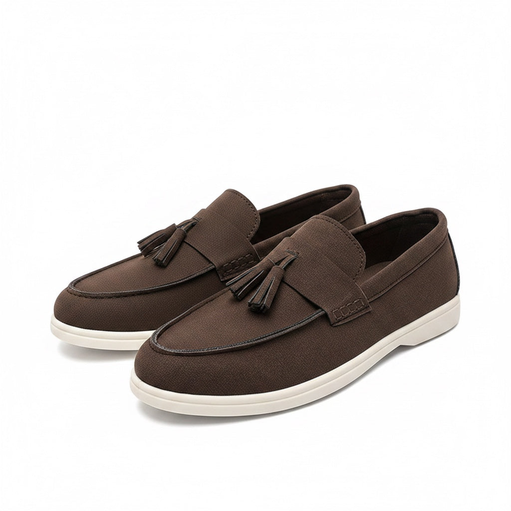 Brown mens loafers with a white sole, quality made with suede material perfect for work and long days, comfortable and great for foot pain