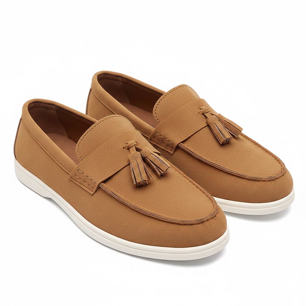 Brown high quality barefoot loafers with white rubber sole.