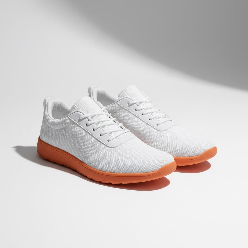 Barefoot knit shoes with a orange sole. These Urban barefoot shoes are light, have a wide toe and have an amazing knit textile finish.