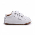 White baby first walker shoes with double hook and loop straps and flexible brown sole